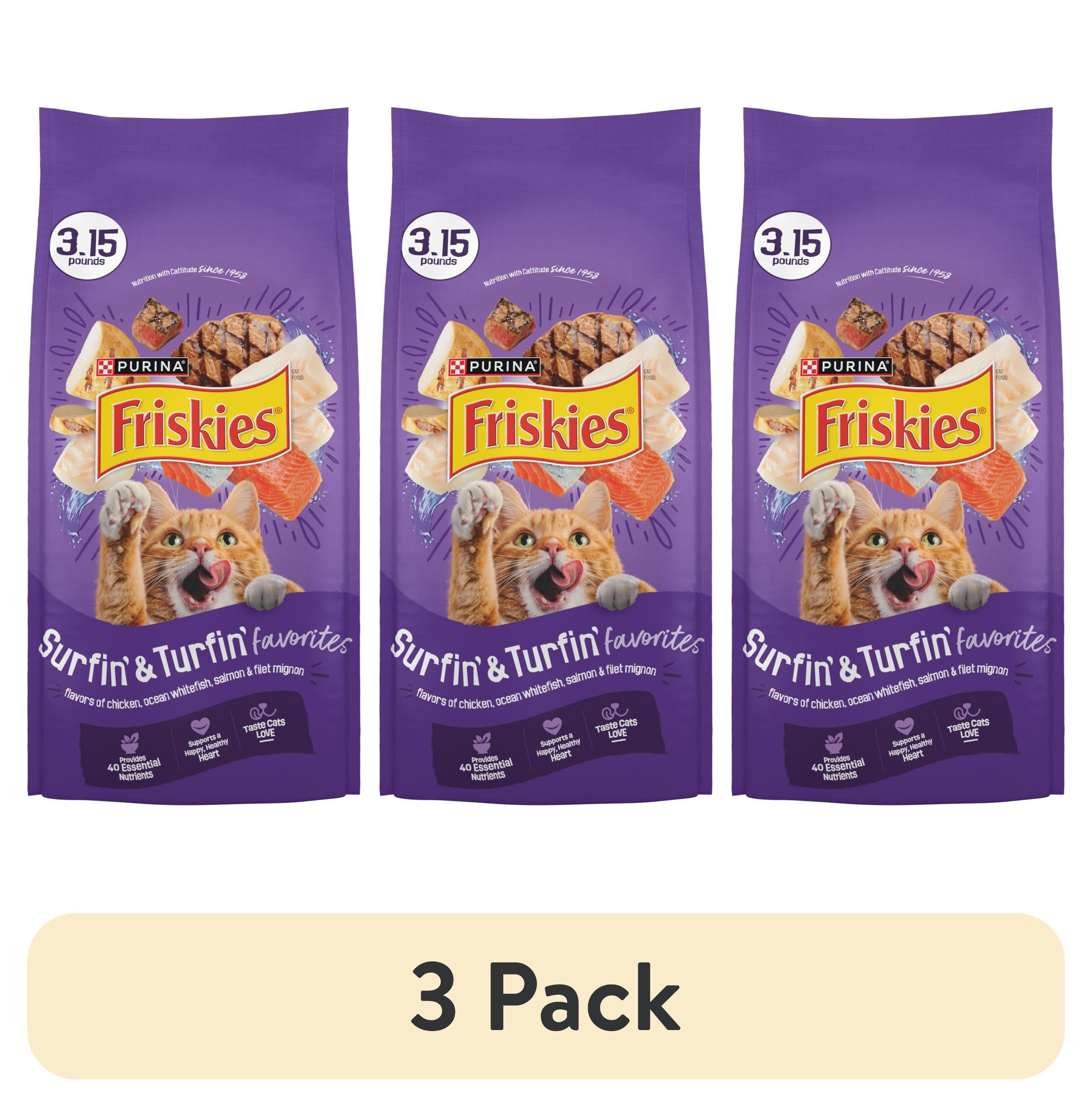 (3 pack) Purina Friskies Surfin and Turfin Favorites Dry Cat Food Flavors of Chicken, Whitefish, Salmon and Filet Mignon, 3.15 lb Bag