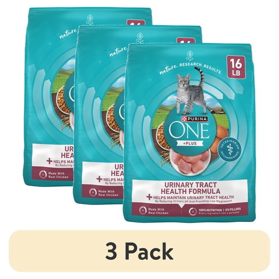(3 pack) Purina ONE Plus, Urinary Tract Health Formula Dry Cat Food, Chicken, 16 lb Bag