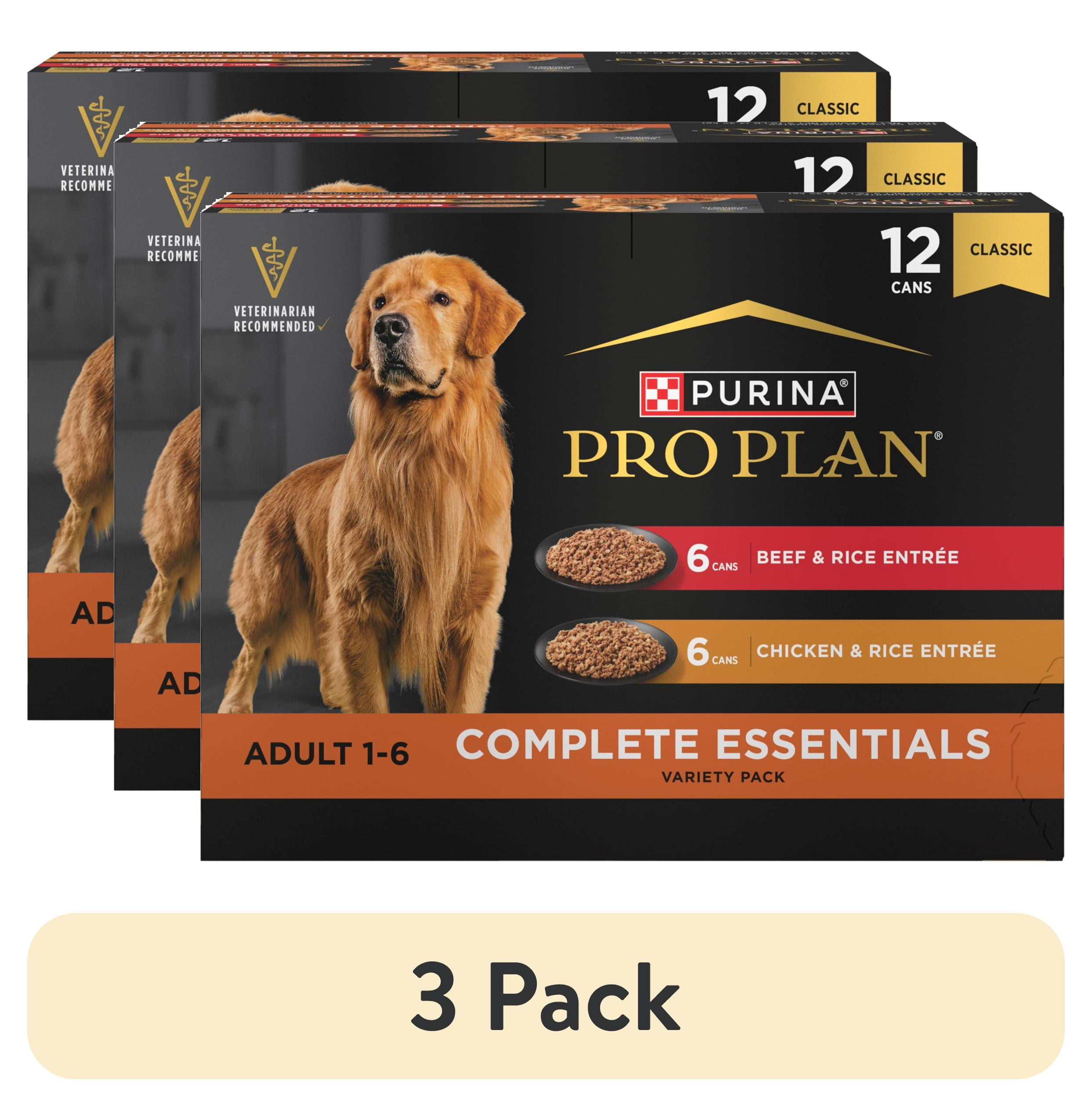 (3 pack) Purina Pro Plan Complete Essentials Wet Dog Food Chicken and Rice Entree and Beef and Rice Entree Variety Pack, 13 oz Cans (12 Pack)