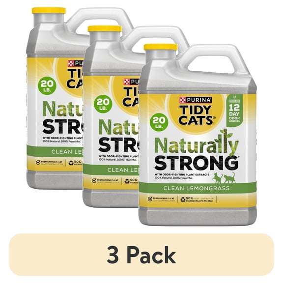 (3 pack) Purina Tidy Cats Naturally Strong Clumping Cat Litter, Clean Lemongrass Scent, 20 lb Jug
