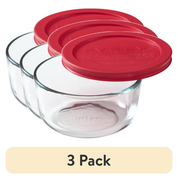(3 pack) 2-Cup Round Glass Food Storage Container, Pyrex with Red Plastic Lid