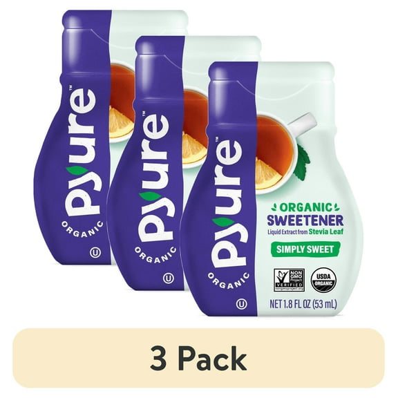(3 pack) Pyure Organic Liquid Stevia Extract Sweetener  Zero Calorie, Sugar Free, Keto Friendly, Plant-Based Sugar Substitute  Non-GMO, Diabetic Friendly, Zero Carb, No Aftertaste  Simply Sweet  1.8 fl oz