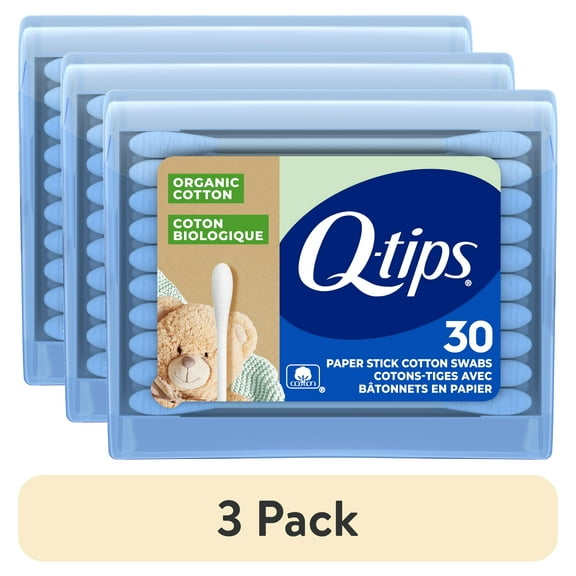 (3 pack) Q-tips Organic Cotton Swabs Travel Size Toiletries, for Baby, Beauty and First Aid, 100% Organic Cotton, 30 Count