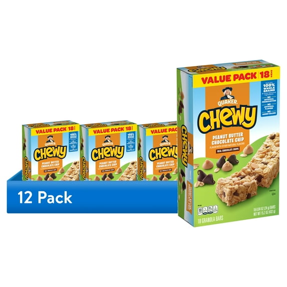 (3 pack) Quaker Chewy Granola Bar, Peanut Butter Chocolate Chip Flavor, 18 Count Granola Bars