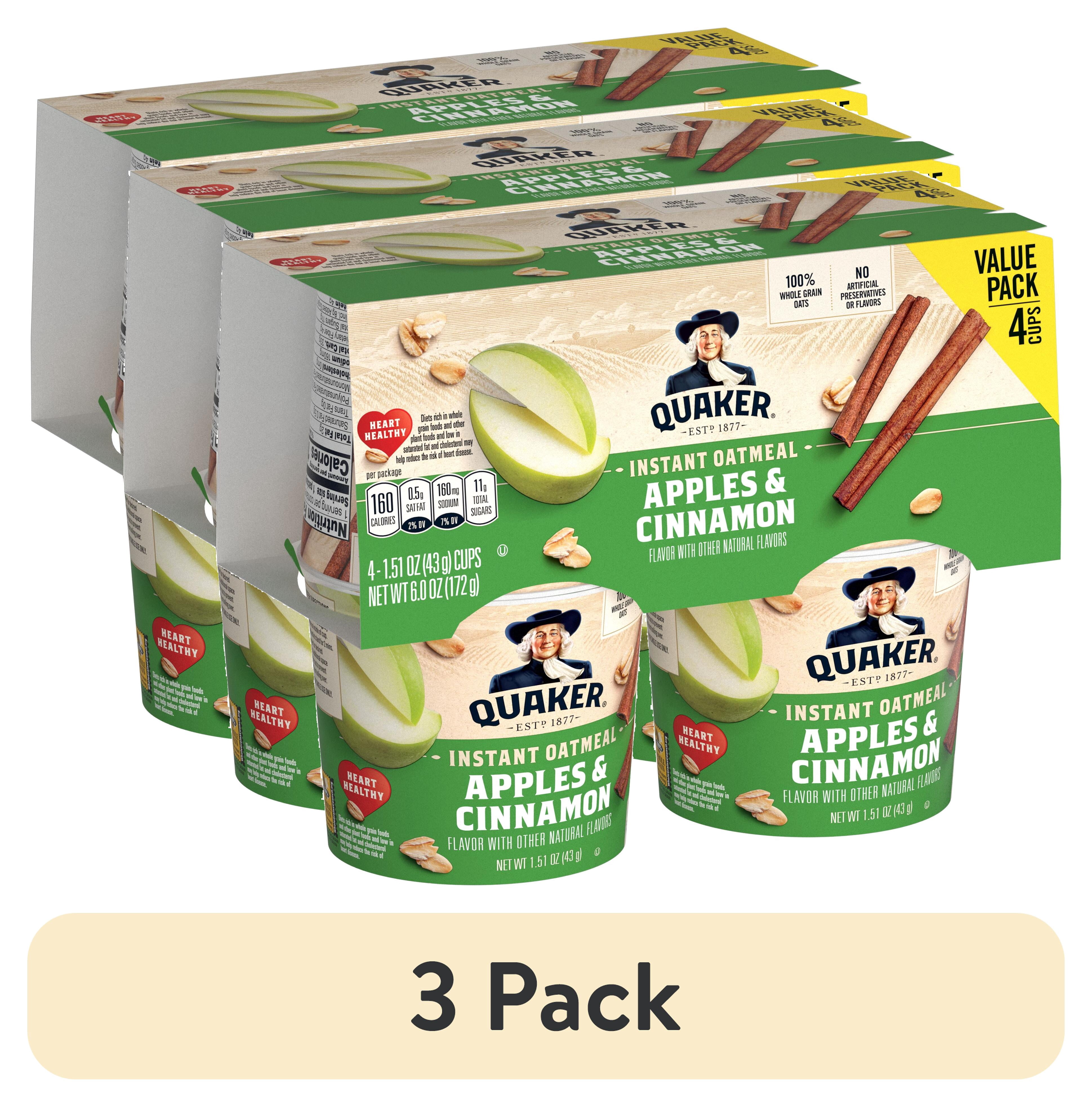 (3 pack) Quaker Instant Oatmeal Apples & Cinnamon Quick Cook Ready to Microwave Oatmeal, 1.51 oz Cups, 4 Pack