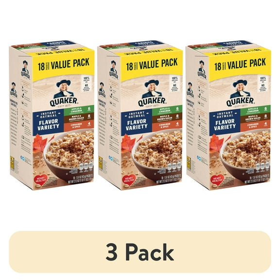 (3 pack) Quaker Instant Oatmeal, Flavor Variety Value Pack, 18 Packets