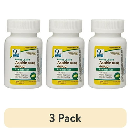 (3 pack) Quality Choice Enteric Coated Lo-Dose Aspirin NSAID Pain Reliever 81mg Tablet 365 Count