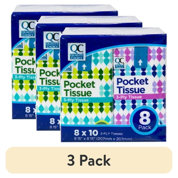 (3 pack) Quality Choice Tissue Pocket Packs 3-Ply White 8 Packets Each