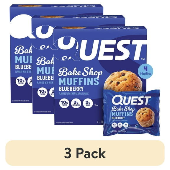 (3 pack) Quest Bake Shop Protein Muffins, Blueberry Flavor, 10g Protein, 3g of Sugar, 4 Count