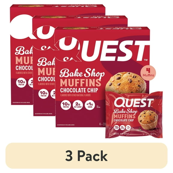 (3 pack) Quest Bake Shop Protein Muffins, Chocolate Chip Flavor, 10g Protein, 4 Count