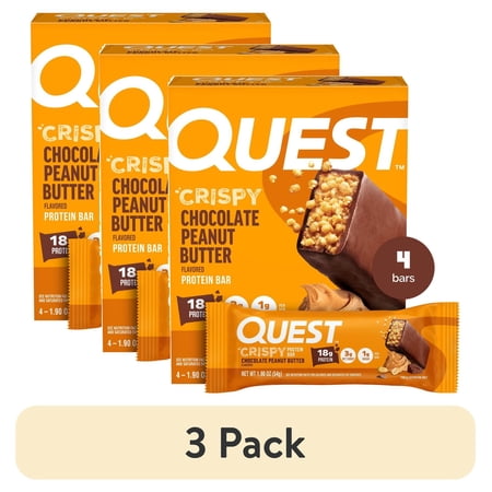 (3 pack) Quest Crispy Protein Bar, Chocolate Peanut Butter, 18g Protein, Gluten Free, 4 Count