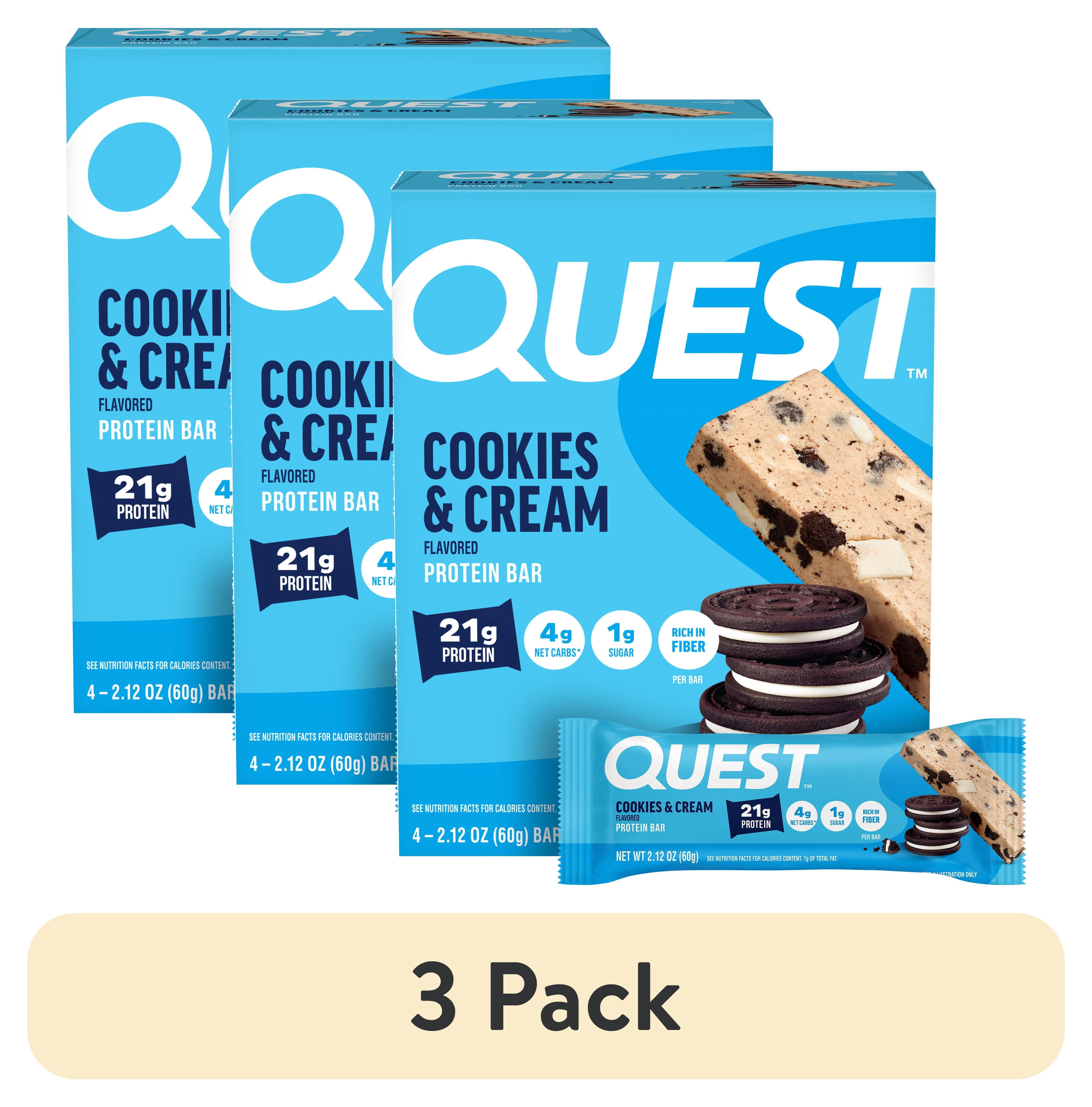 (3 pack) Quest Protein Bar, Cookies & Cream, 21g Protein, Gluten Free, 4 Count