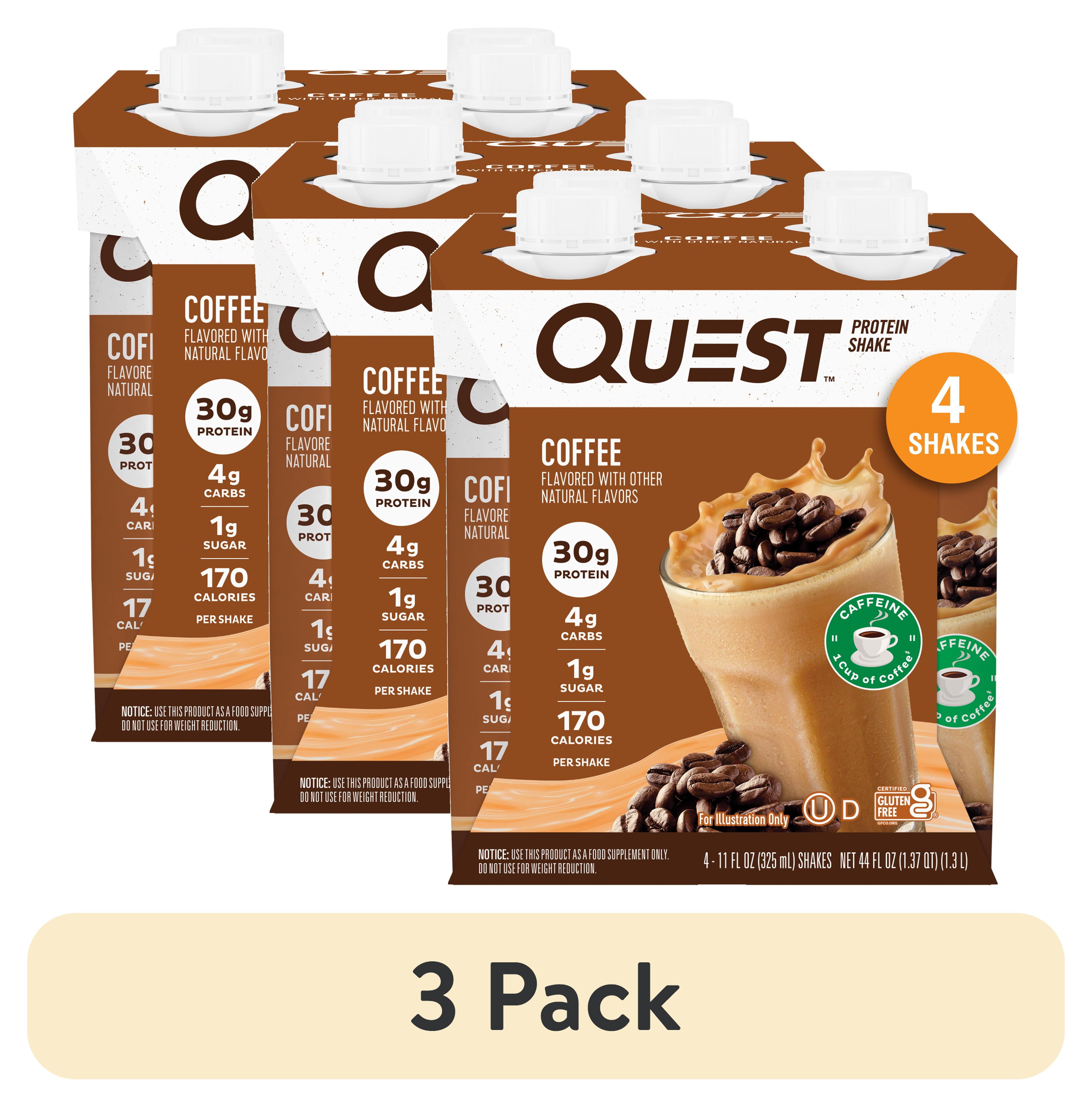 (3 pack) Quest Protein Shake, Gluten-Free, 30g Protein, Coffee, 11fl oz, 4 Count