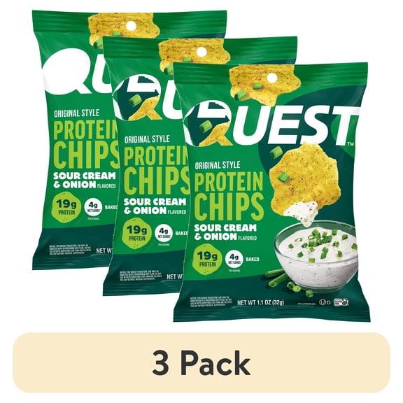 (3 pack) Quest Sour Cream & Onion Flavor Original Style Protein Chips, High Protein*, Low Carb*, Gluten Free