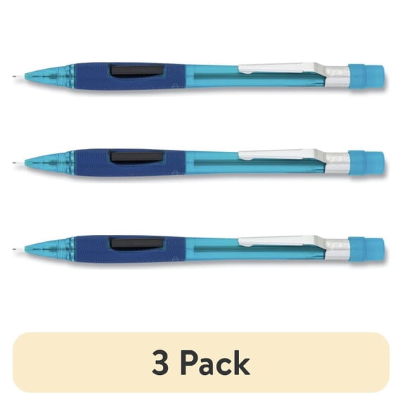 (3 pack) Pentel PD345TC 0.5 mm HB (#2) Quicker Clicker Mechanical Pencil - Black Lead, Transparent Blue Barrel