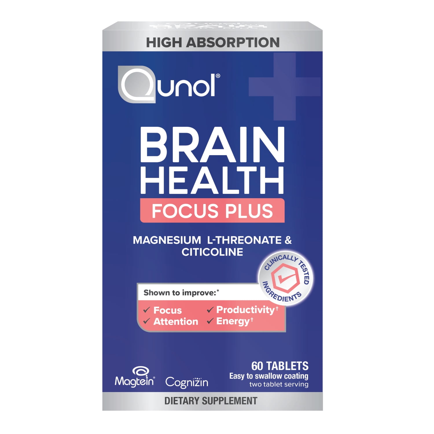 (3 pack) Qunol Brain Health Focus + Tablet with 1000mg Magnesium L-Threonate, 250mg Citicoline, 60ct