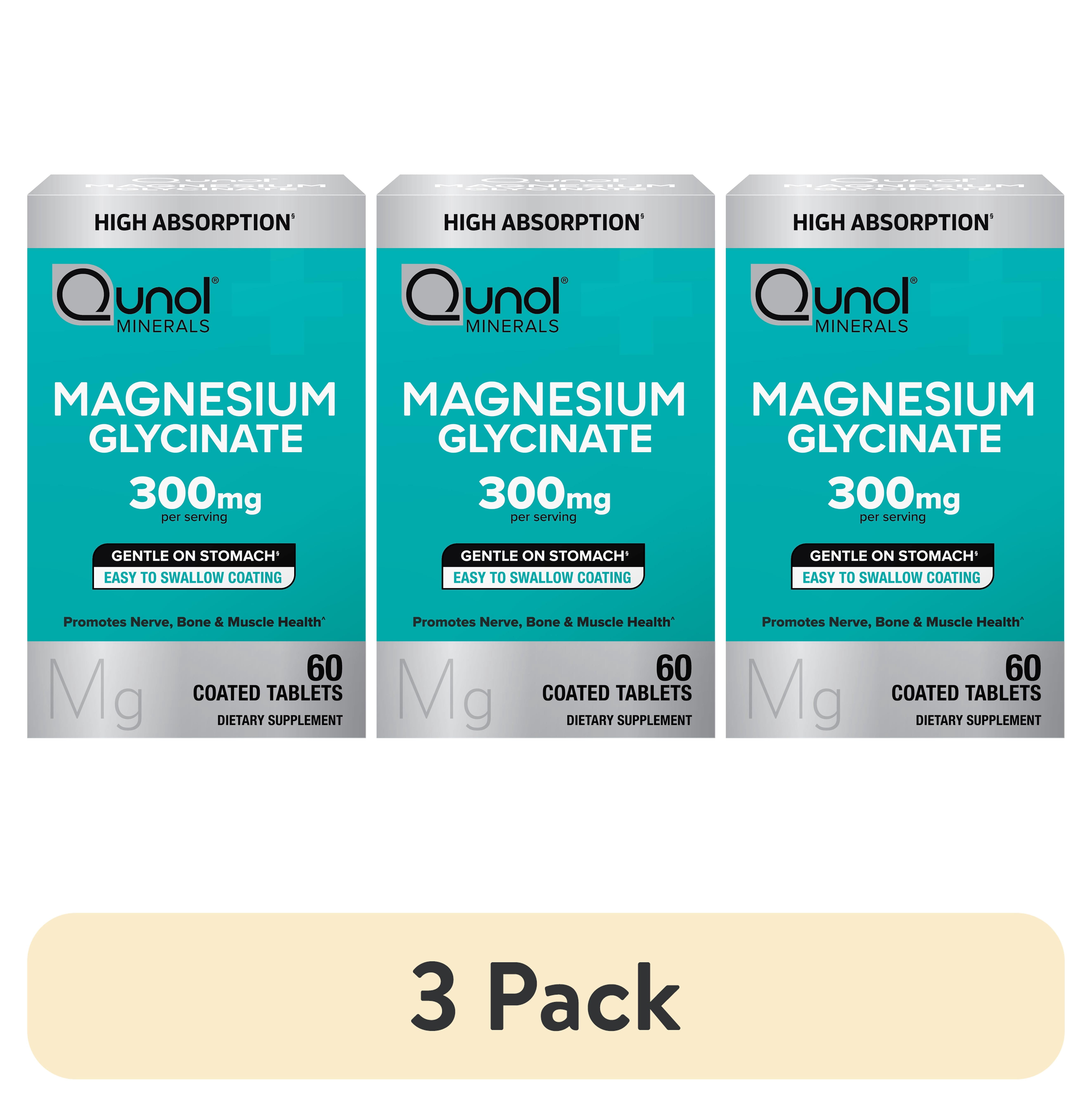 (3 pack) Qunol Magnesium Glycinate Tablets for Nerve, Bone, and Muscle Support, 300mg, 60 Count, Two Tablet Dose.