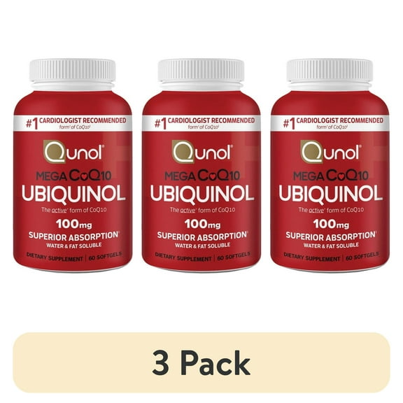 (3 pack) Qunol Mega Ubiquinol CoQ10 Softgels, 100mg, Antioxidant Supplement for Heart Health, 60 Count