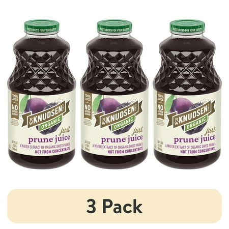 (3 pack) R.W. Knudsen Family Organic Just Prune Juice, 100% Juice, 32 oz, Glass Bottle, Shelf-Stable