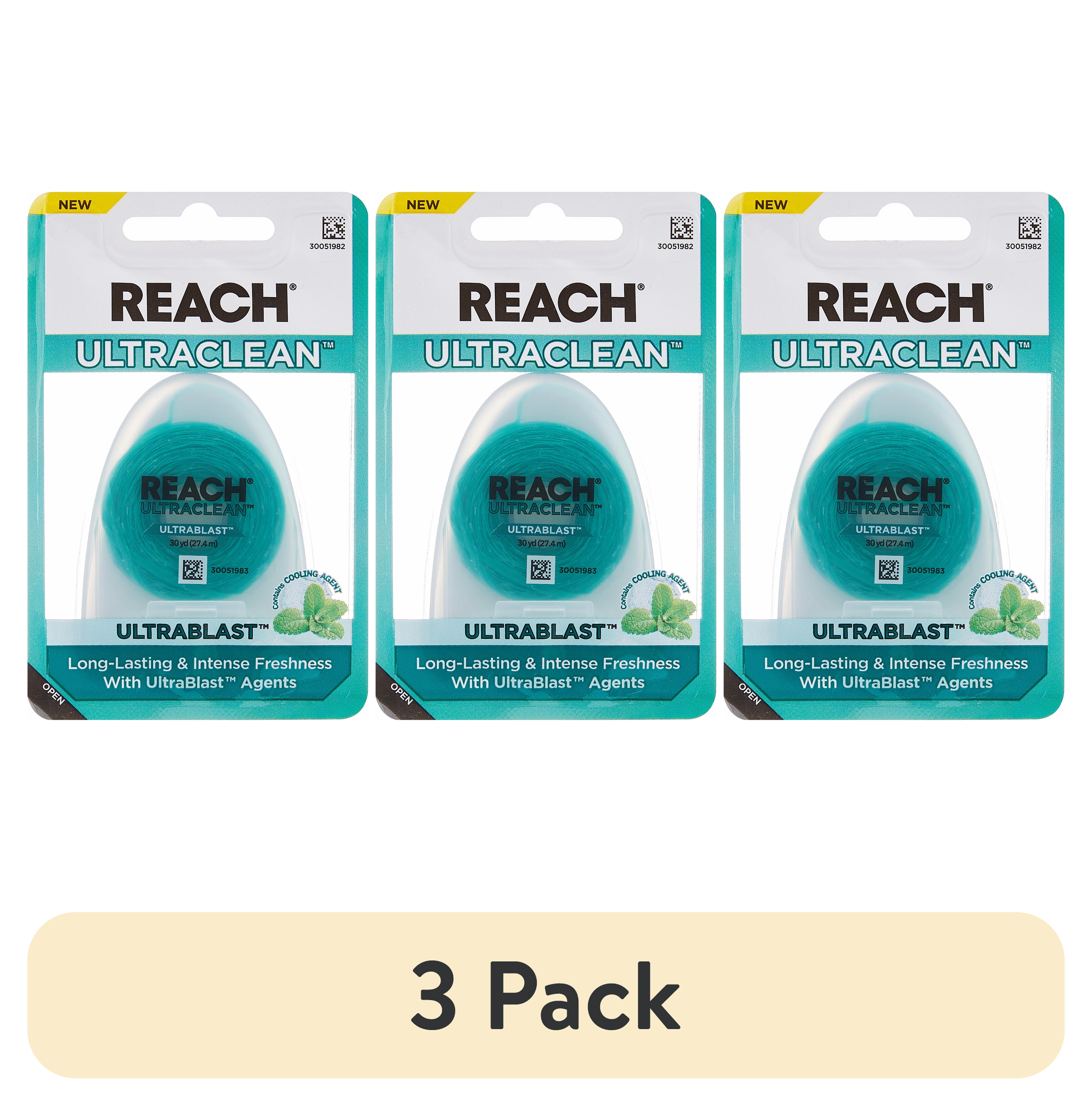 (3 pack) REACH® Ultraclean Ultrablast Cool Mint Dental Floss 30 YDS