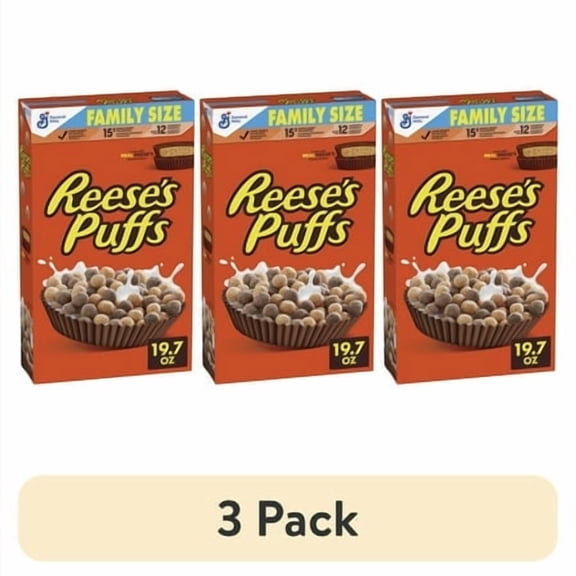 (3 pack) REESE'S PUFFS Breakfast Cereal, Chocolatey Peanut Butter Cereal, Family Size, 19.7 oz