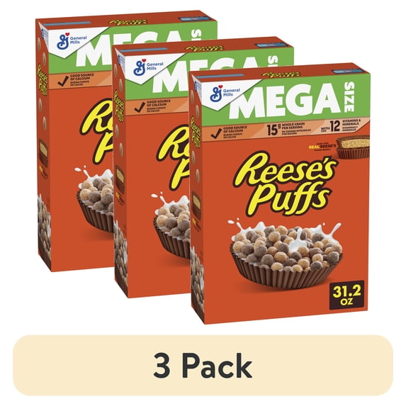 (3 pack) REESE's PUFFS Chocolatey Peanut Butter Cereal, Kid Breakfast Cereal, Mega Size, 31.2 oz