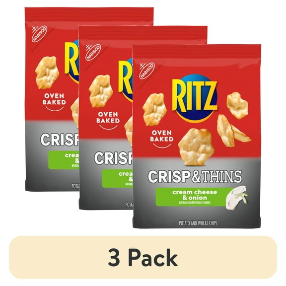 (3 pack) RITZ Crisp and Thins Cream Cheese and Onion Chips, Party Snacks, 7.1 oz