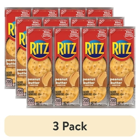 (3 pack) RITZ Peanut Butter Sandwich Crackers, Lunch Snacks, 8 Snack Packs (6 Crackers Per Pack)