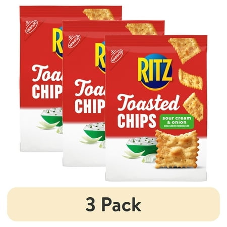(3 pack) RITZ Toasted Chips Sour Cream and Onion Crackers, Party Snacks, 8.1 oz