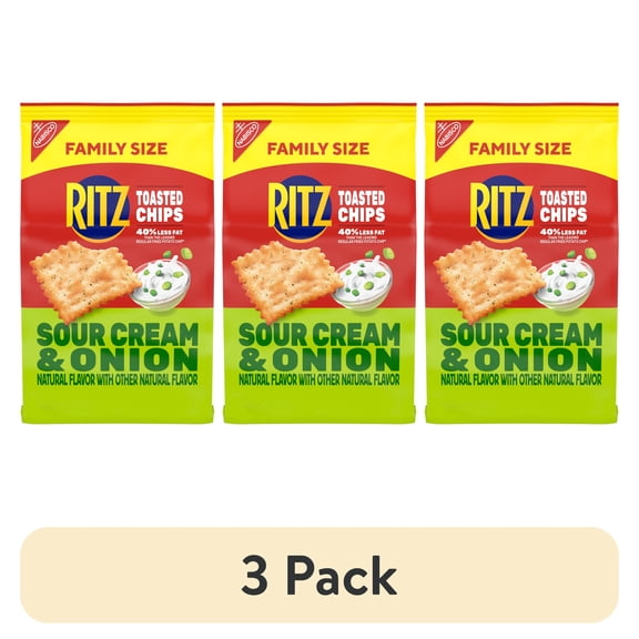 (3 pack) RITZ Toasted Chips Sour Cream and Onion Crackers, Party Snacks, Family Size, 11.4 oz