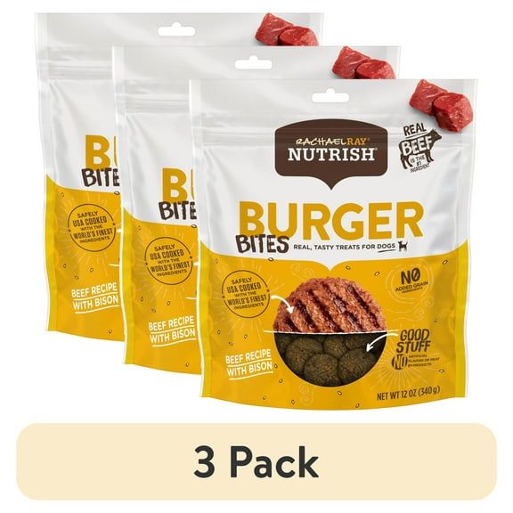 (3 pack) Rachael Ray Nutrish Burger Bites Dog Treats, Beef Burger With Bison Recipe, Grain Free, 12 Oz.