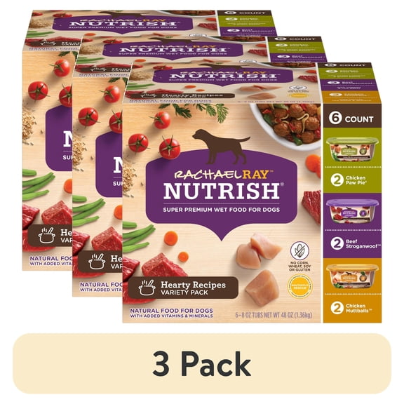 (3 pack) Rachael Ray Nutrish Hearty Recipes Variety Pack Wet Dog Food, 8 oz. Tubs, 6 Count