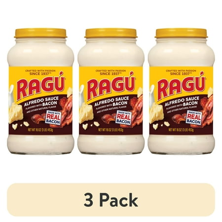 (3 pack) Ragu Alfredo Bacon Pasta Sauce, Real Cheese & Real Bacon Bits, Zero Sugar, 16 oz
