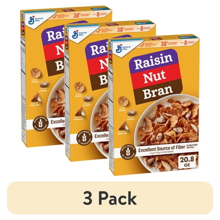 (3 pack) Raisin Nut Bran Cereal, High Fiber Cereal, Made with Whole Grain, 20.8 oz