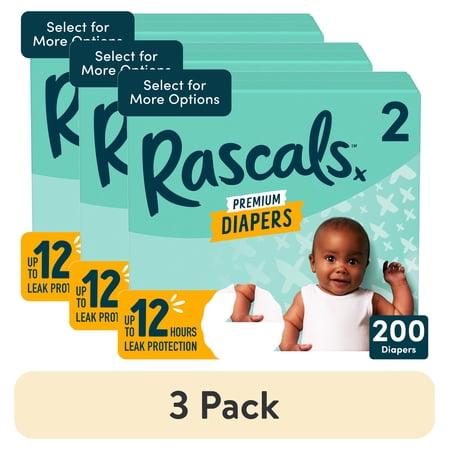 (3 pack) Rascals Premium Absorbent Baby Diapers Size 2, 200 Count