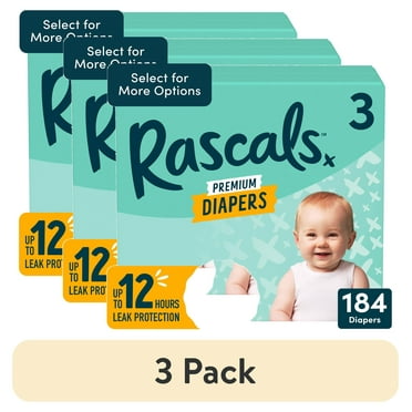 (3 pack) Rascals Premium Absorbent Baby Diapers Size 3, 184 Count (Select for More Options)
