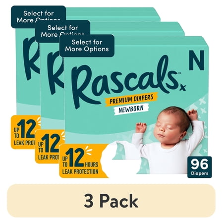 (3 pack) Rascals Premium Newborn Absorbent Baby Diapers Newborn, 96 Count, with 5 Sensitive Infant Wipes