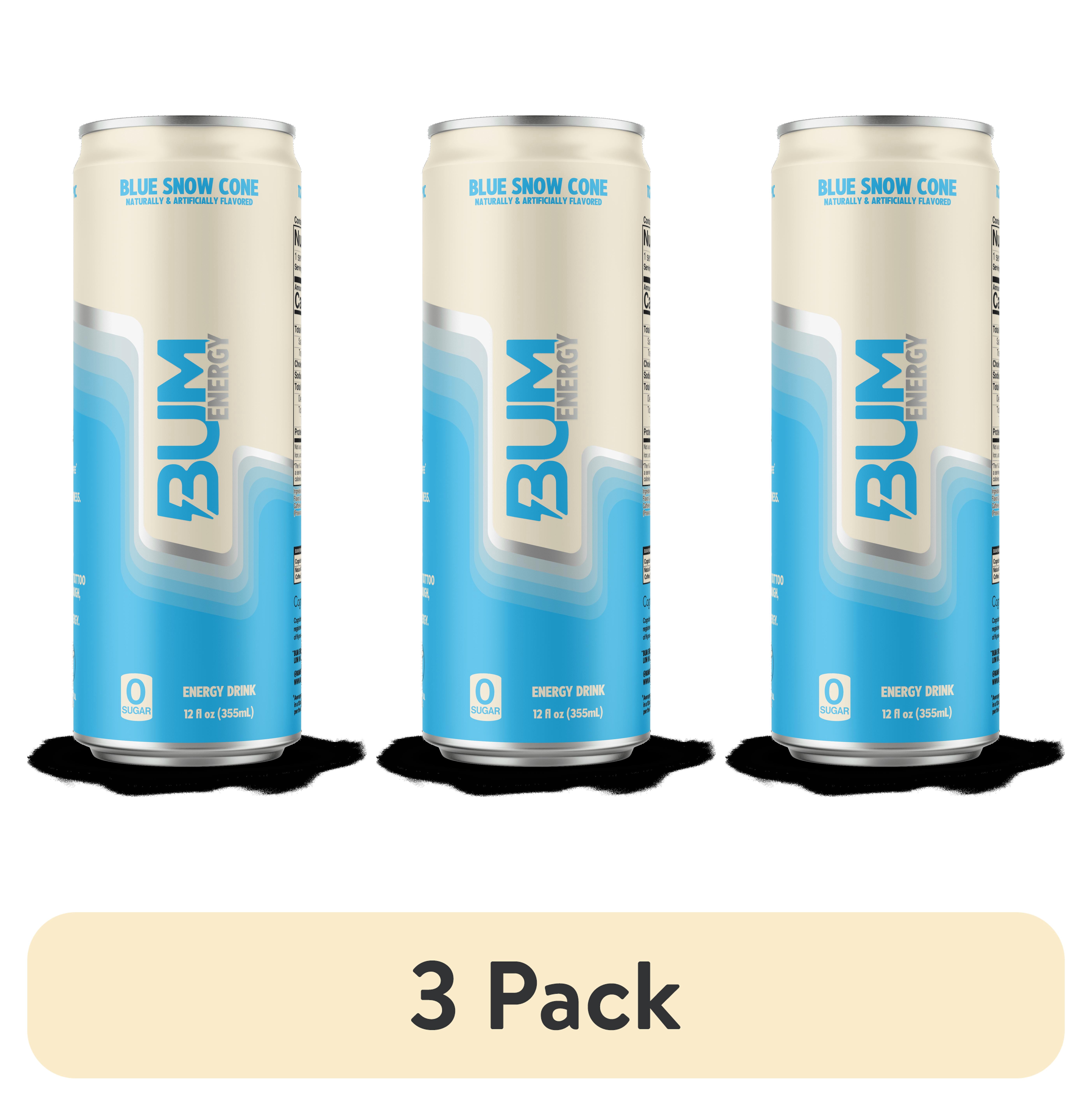 (3 pack) Bum Energy Blue Snow Cone Energy Drink, 112 mg Natural Caffeine, 12 fl oz Can