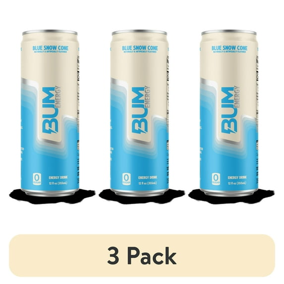 (3 pack) BUM Energy Blue Snow Cone Energy Drink, 112 mg Natural Caffeine, 12 fl oz Can