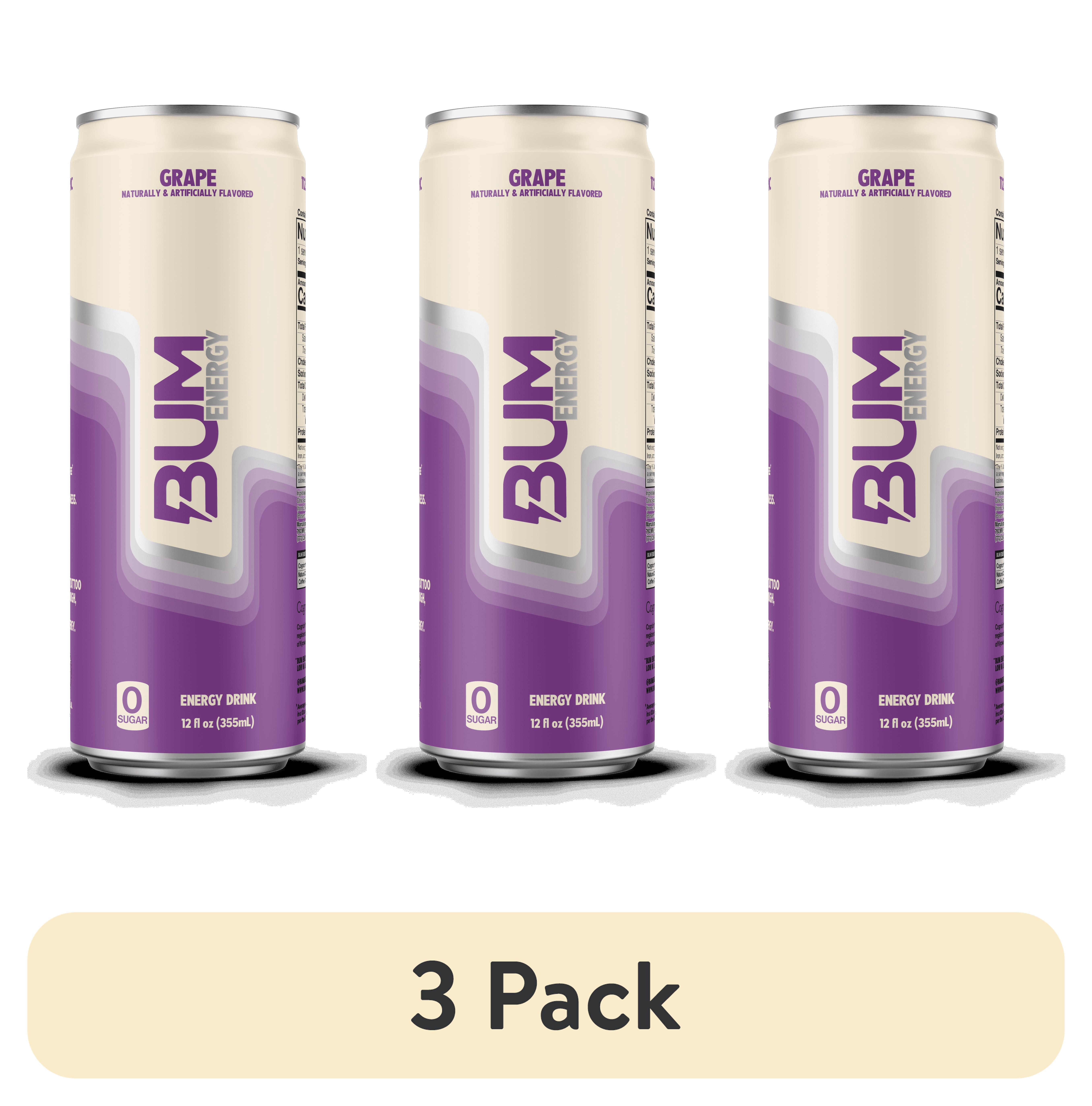 (3 pack) Bum Energy Grape Energy Drink, 112 mg Natural Caffeine, 12 fl oz Can