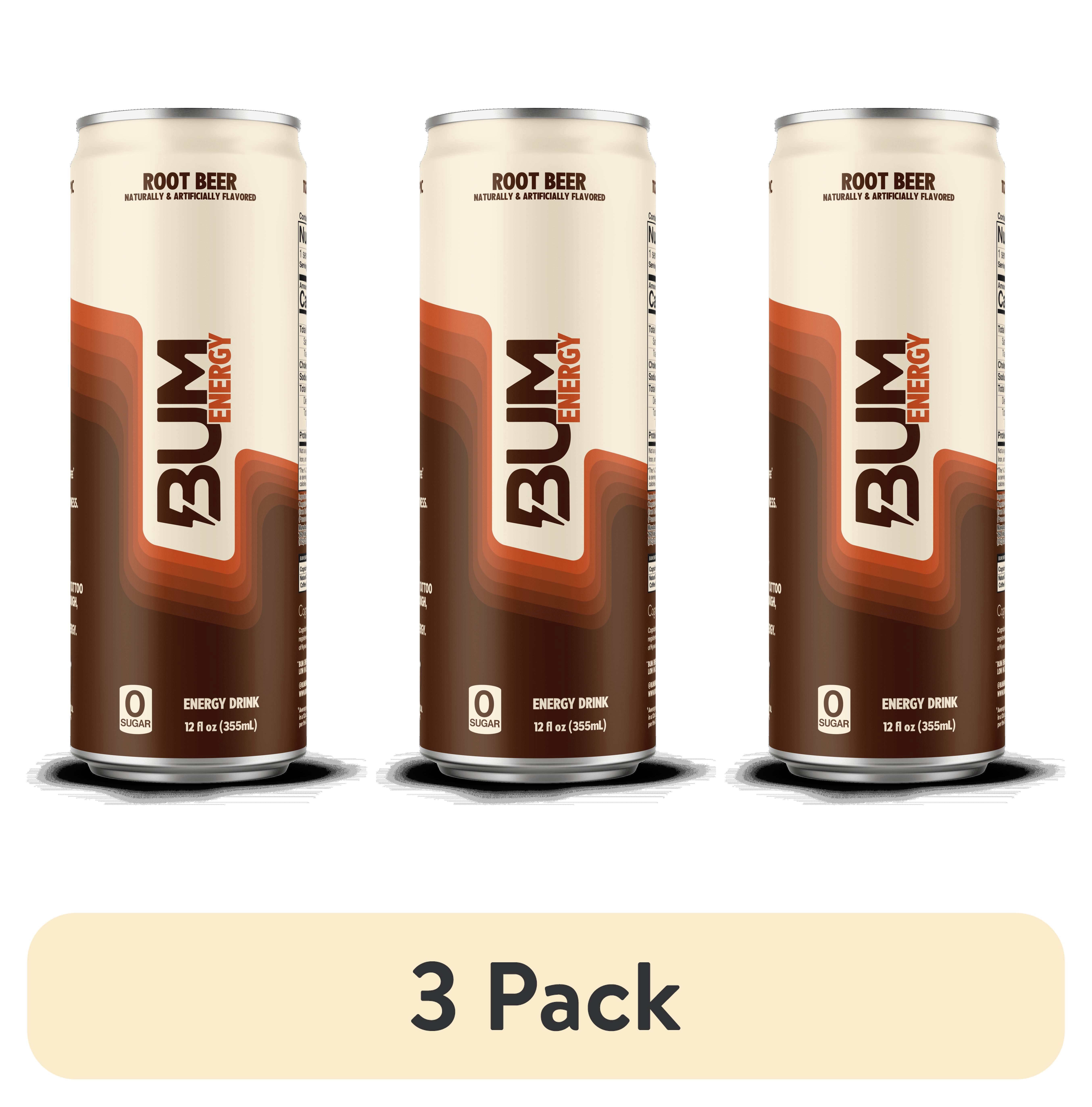 3 pack) BUM Energy Root Beer Energy Drink, Zero Sugar, 112mg