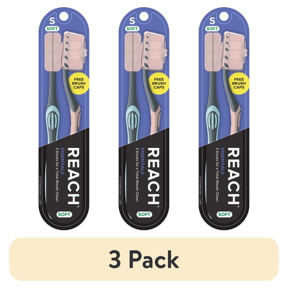 (3 pack) Reach Essentials Manual Toothbrush with Cap, Soft, 2 Count