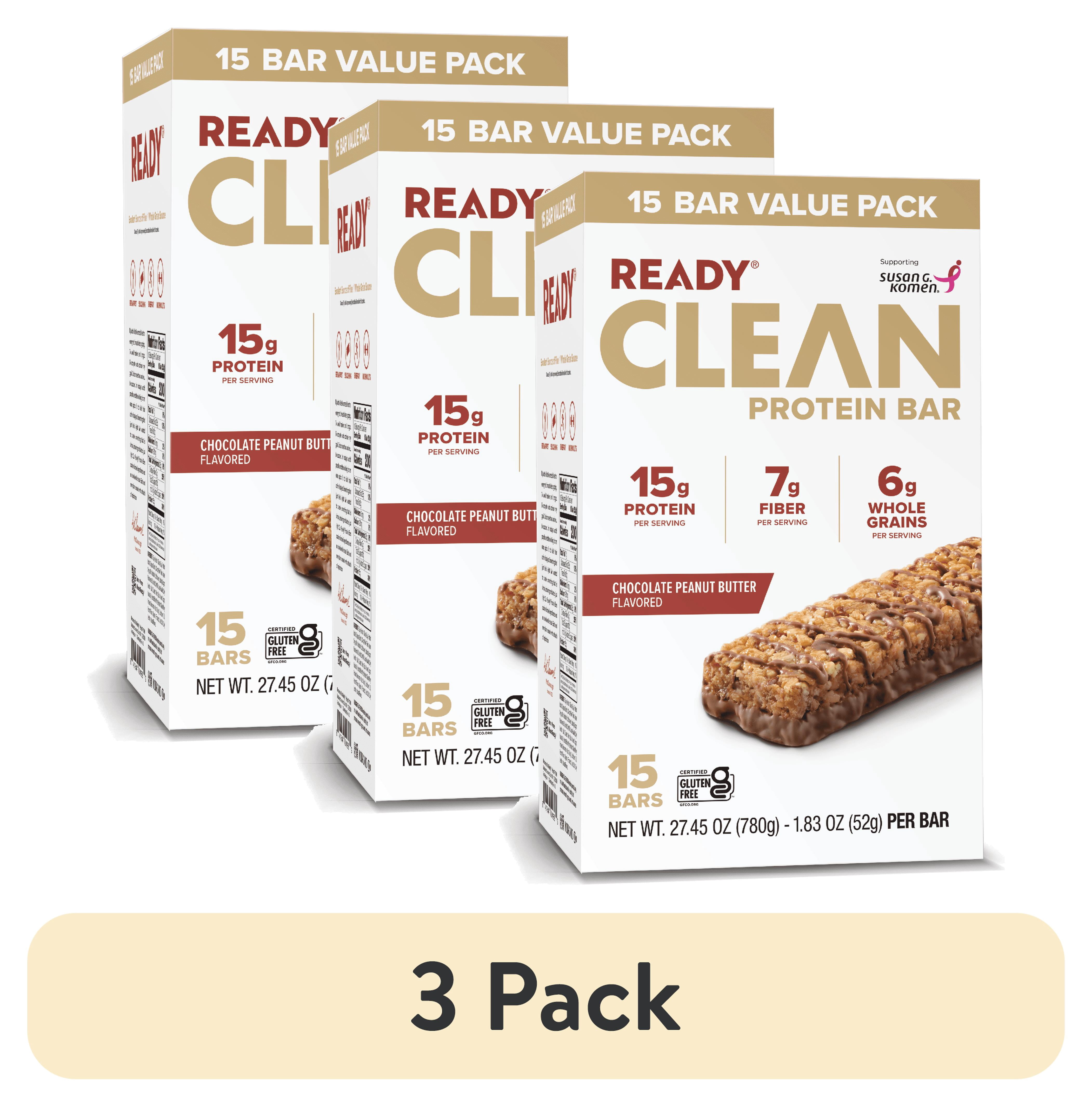 (3 pack) Ready Clean Protein Bar, Chocolate Peanut Butter, 15 Count