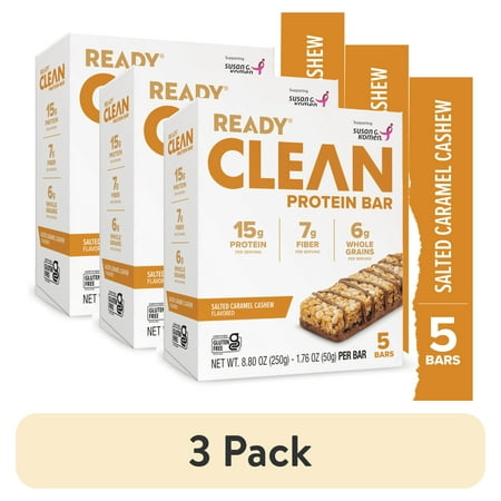 (3 pack) Ready Clean Protein Bar, Salted Caramel Cashew, 5 Count Bars