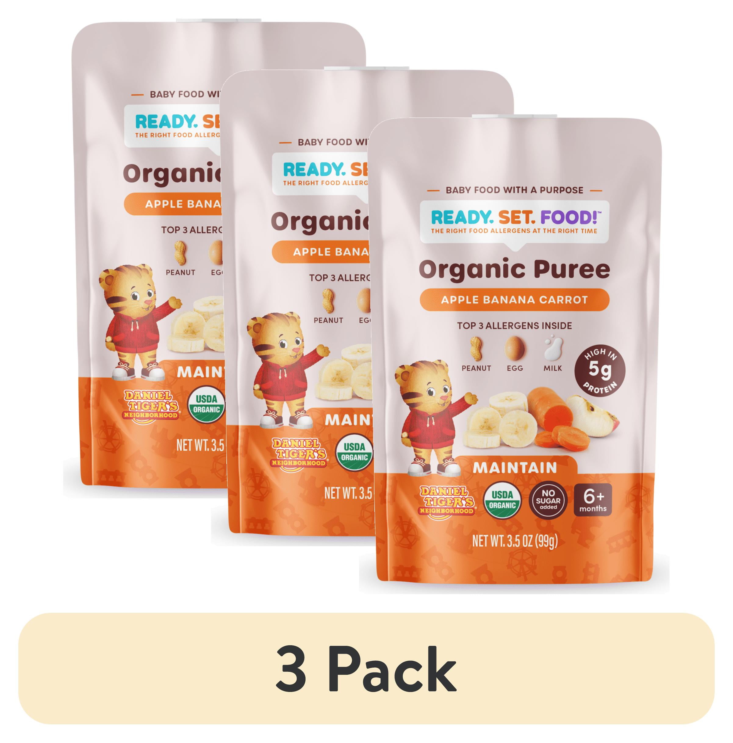 (3 pack) Ready, Set, Food! Daniel Tiger Stage 2 Baby Food, Apple Banana Carrot, 3 Top Allergens, 3.5 oz Pouch