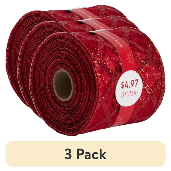 (3 pack) Red Glitter Plaid Christmas Ribbon, 3.25" x 25', by Holiday Time
