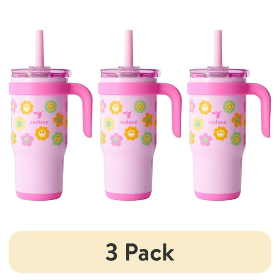 (3 pack) Reduce Coldee Kids Tumbler with Spill-Proof Straw & Handle. Insulated Stainless Steel 18 oz, Smiles