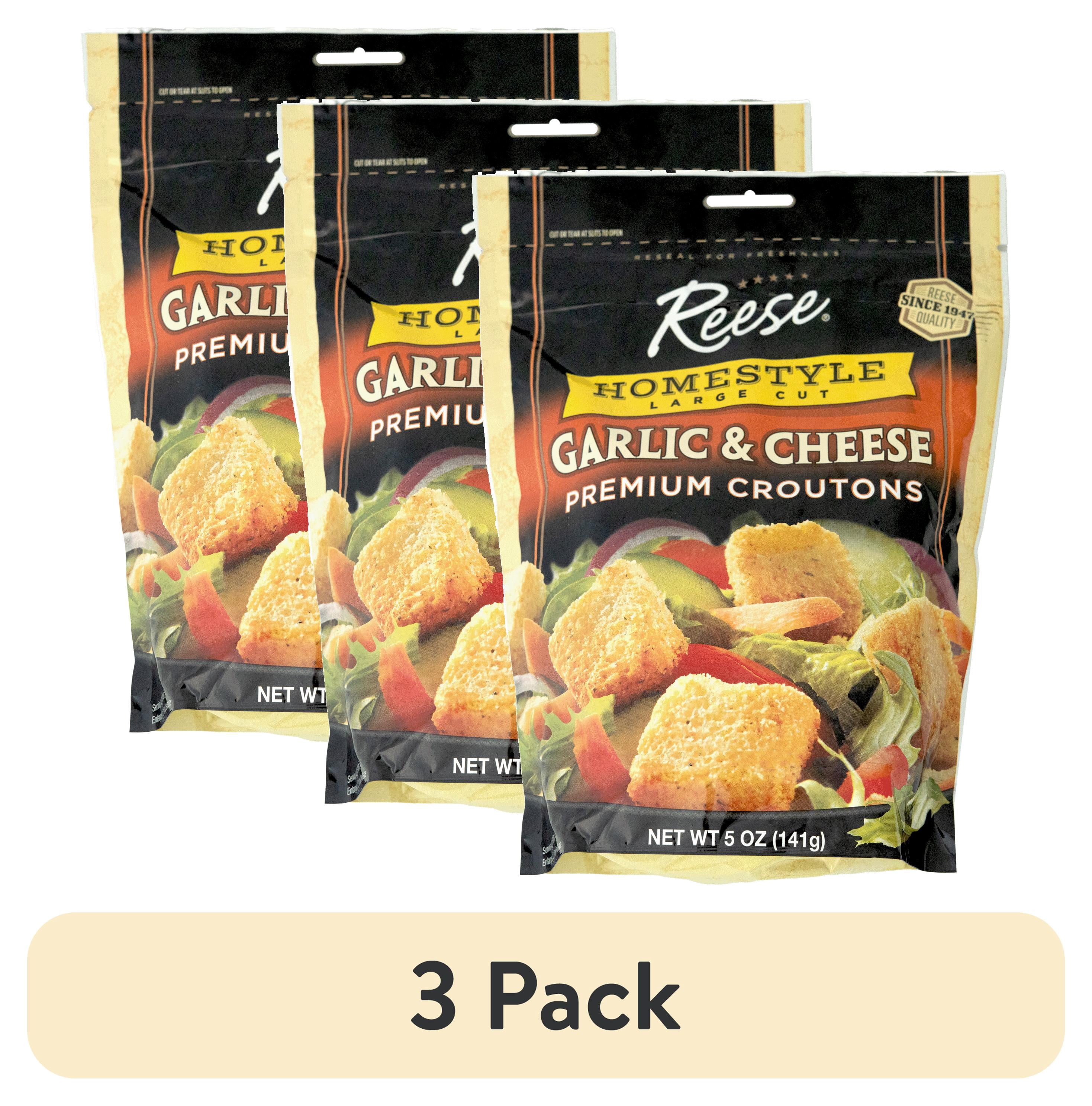 (3 pack) Reese Home Style Large Cut Garlic & Cheese Premium Croutons, 5 oz Plastic Packet Shelf Stable