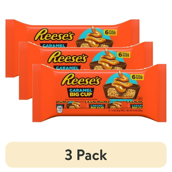 (3 pack) Reese's Big Cup Caramel Milk Chocolate Peanut Butter Cups Candy, Packs 1.4 oz, 6 Count
