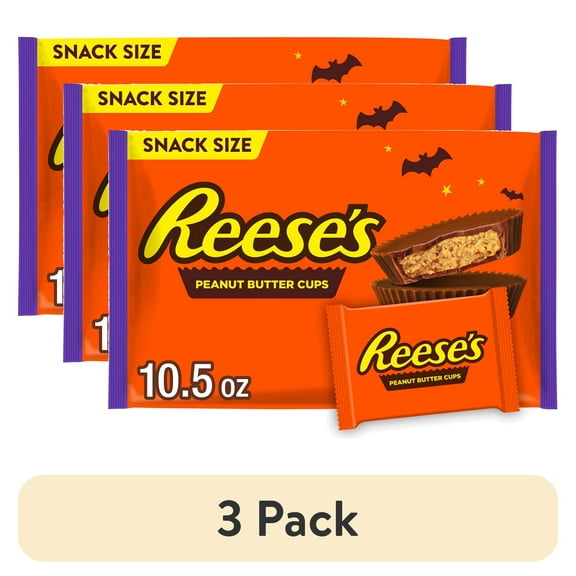 (3 pack) Reese's Milk Chocolate Snack Size Peanut Butter Cups Halloween Candy, Bag 10.5 oz